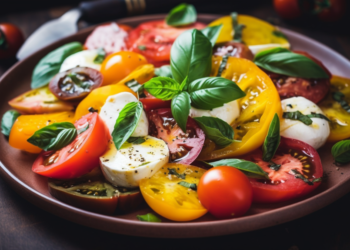 Salada Caprese com Tomates Heirloom e Manjericão