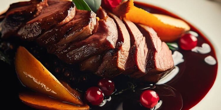 Magret de Pato ao Molho de Vinho Tinto e Frutas Vermelhas